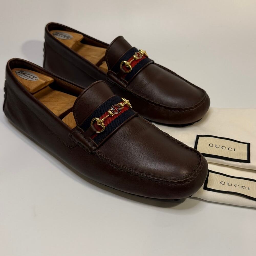GUC Gucci Ayrton Horsebit Web Driving Loafer Brown Made in Italy UK 12 G US 13 D